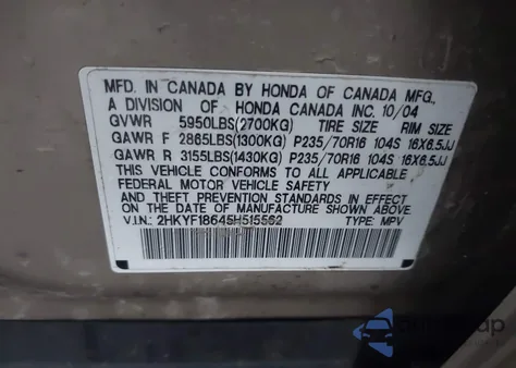 2005 Honda Pilot Ex-L из США, поврежденный, VIN 2HKYF18645H515562